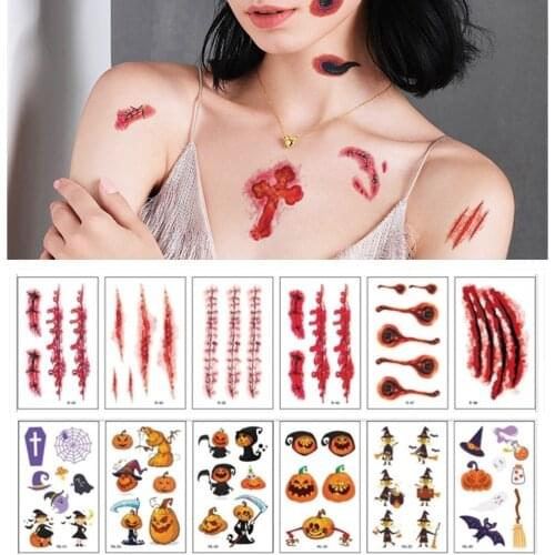 30Pcs/Set Halloween Temporary Tattoo Sticker Waterproof Body Art Sticker Scary Scar Pumpkin Ghost Disposable tatouage temporaire