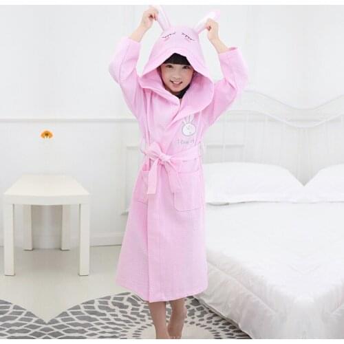 4 Color Girl Summer Cotton Bathrobe Waffle Hooded Children Robe Boys Dressing Gown Kids Roupao After Spa Bath Swimming L173