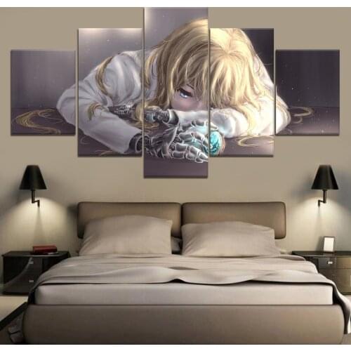 5 Piece Painting Canvas Violet Evergarden Anime Animal HD Print Decor Painting Canvas Art Home Living Room Artwork framework