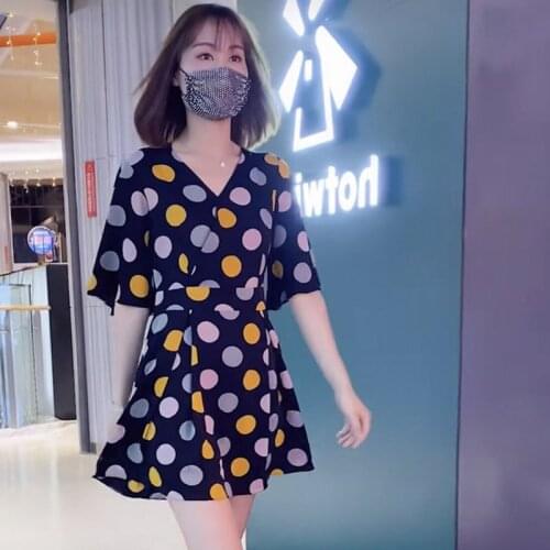 #8037 Black White Point Midi Dress With Short Sleeves Sexy A-line Dress O Neck High Waisted Pleated Dresses Ladies Korean Style