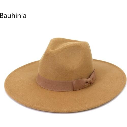 9.5CM Big Brim Womens Hat Classic Solid Color Dress Church Felt Fedora Hat Gentleman Elegant Lady Winter Autumn Jazz Caps