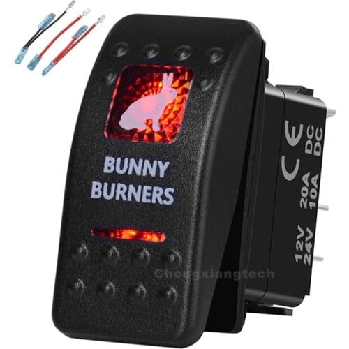 Bunny Burners Printed Rocker Switch Red Led 5 Pin on-off SPST Waterproof for Car Boat 12v/24v+Jumper Wires Set