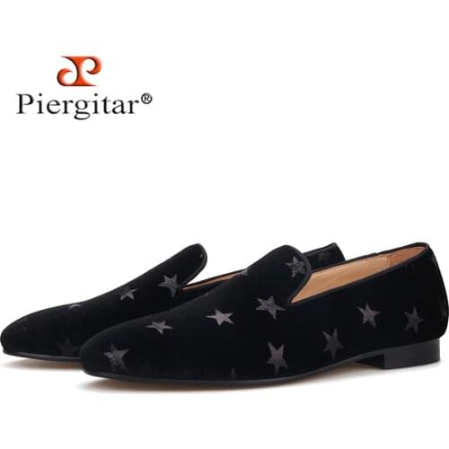 Piergitar handmade stars printing velvet mens loafers for banquet and party plus size men smoking slippers leather insole