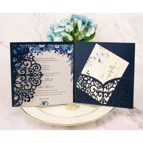 Free Shipping 1pcs blush Pink Silver Laser Cut tri-fold Wedding Invitation Cards Kit Personalized Pocket Invite Customized RSVP