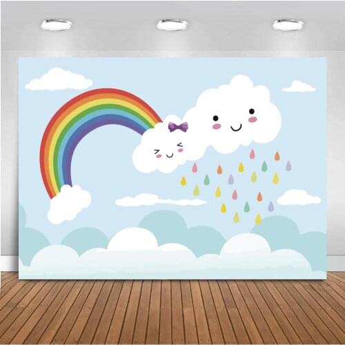 Children Drawing Blue Sky White Clouds Baby Shower Photo Backgrounds Flying Hot Balloon Cute Baby Newborn Photography Backdrop