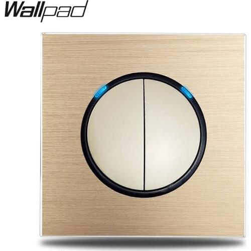 Wallpad Gold L6 2 Gang Double Light Switch 1 Way 2 Way Brushed Gold Aluminum Plate Push Return Button With Blue LED Indicator