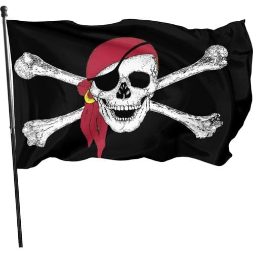 Black Polyester Red Hair Skull Printed Crossbones Pirate Flag Party Decorative Flags And Banners For Halloween 90x150cm