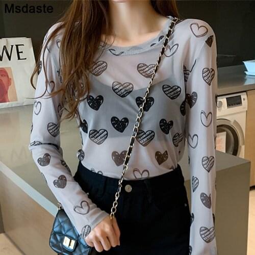 2pcs/pack Women Shirt Tops Stretchy Tees Woman T Shirts Heart Print Cartoon O-neck Long Sleeve Autumn Sexy Woman Tops Tee Shirts