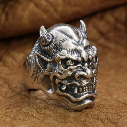 925 Sterling Silver Japanese Ghost Prajna Ring Mens Devil Skull Ring TA253 US Size 7~15