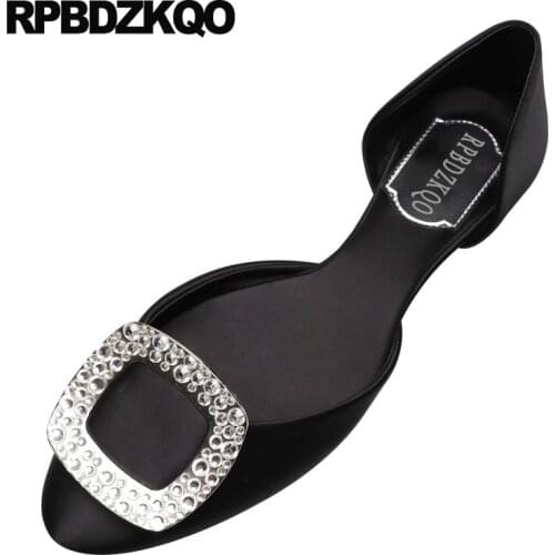 Crystal chinese wedding shoes satin dress sandals silk pointed toe black women flats slip on metal navy blue diamond rhinestone
