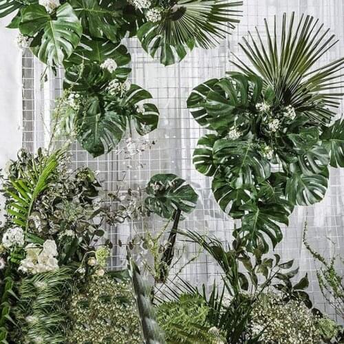 Hot 68 Pieces 8 Kinds Tropical Party Decorations Jungle Monstera Leaves Artificial Palm Leaves with Faux Stem
