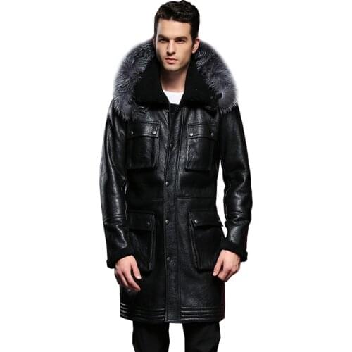 Detachable Silver Fox Hooded Genuine Leather Sheepskin Fur Coat Male Formal Shearling Clothing Winter Sheepskin Jacket Men Fur