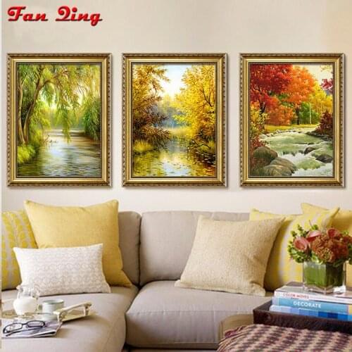 3pcs Diamond Painting Autumn Scenery 5D DIY Diamond Mosaic Landscape Full Square Diamond Embroidery river Tree Crafts Kit Decor