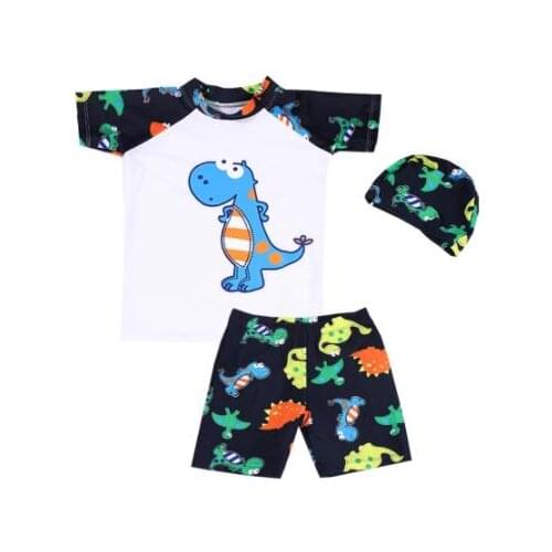 New Arrival 3PCS Little Boy Kids Swimwear Short Sleeve Cartoon Dinosaur Swimwear Hat+Shirt+Swim Trunks