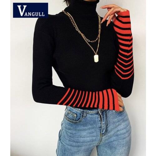 Vangull Cuff Stitching Stripe Pullovers Sweaters Womens Autumn Winter Turtleneck Knitted Slim Casual Soft Female Basic Sweater