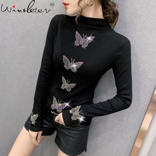 Spring Fall European Clothes T-Shirt Fashion Sexy Shiny Diamonds Butterfly Tops Ropa Mujer Cotton Bottoming Shirt Tees T00907A