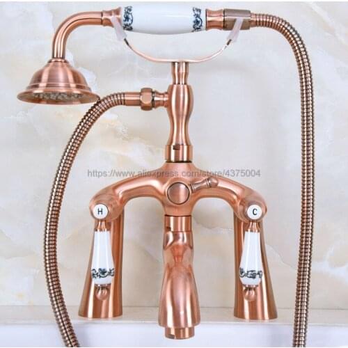Bathroom Deck Mounted Shower Faucets Set Bathtub Faucet Water Mixer Tap Antique Red Copper with Hand Shower Nna168