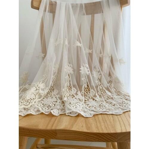 1 Yard ivory embroidered tulle lace fabric with eyelet florals , beige mesh lace fabric