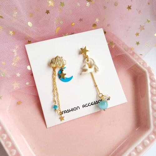 Japanese Cute Sweet Clouds Blue Stars Moon Clip on Earrings Funny Kitten Cat Crystal Tassel Earrings No Piercing for Women Girls
