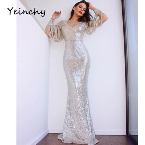 Yeinchy women sexy cut out long sleeve Sequin dress ladies bodycon Long Evening Party Stretch Floor Length maxi Dress FY2013