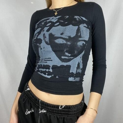 Cyber y2k Print T-shirt 90s Women Vintage Crop Top Y2K Aesthetic Summer Slim Fit Tees Tops Streetwear Gothic Punk