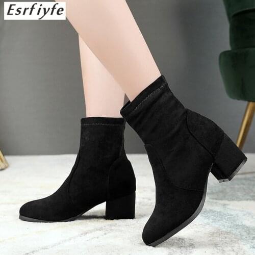 ESRFIYFE 2020 new women ankle boots fashion flock thick heel round toe shoes woman spring autumn slip on solid boots big size 14