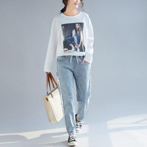 Harajuku Harem women Lace Up Glitter Jeans Denim Trousers Denim Stretch Skinny blue Jeans Casual Streetwear pantalon femme tide