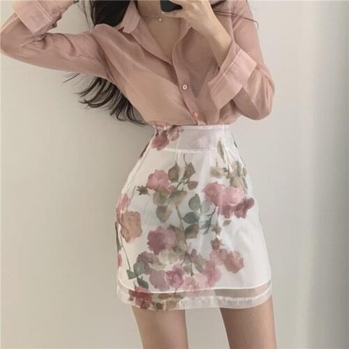 Summer Two Piece Set Women Sexy Transparent Pink Chiffon Shirt Top + High Waist Floral Print A Line Warp Skirts Sets Office A958