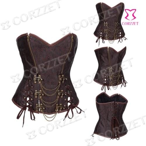 Female Latex Waist Traininng Brown Vintage Ring Buckle&Zipper Steel Boned Steampunk Corset Top Women Gothic Corsets And Bustiers
