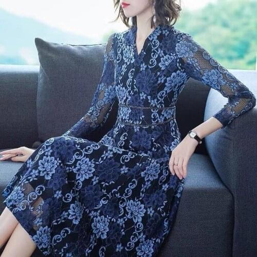 2019 Spring Fall Women V Neck Vintage Elegant Blue Wine Red Lace Long Dress , Female Woman 2019 Slim 3xl Fashion Stretch Dresses