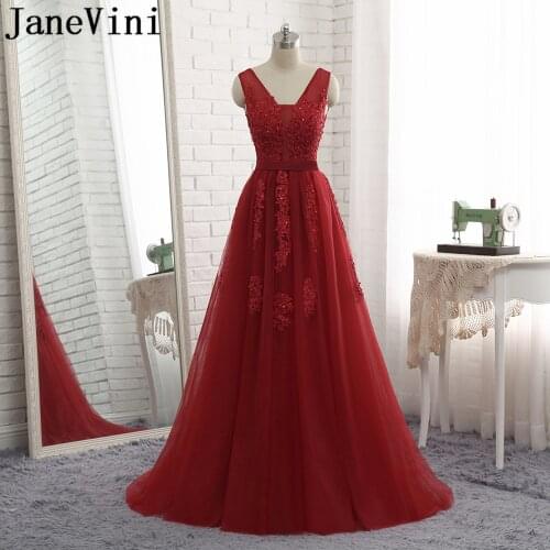 JaneVini Elegant Burgundy Bridesmaid Dresses 2018 A Line Tulle V Neck Lace Appliques Pearls Floor Length Women Formal Prom Gowns