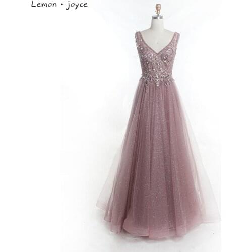 Beading Evening Dress V-Neck Tulle Sleeveless Prom Dress A-Line Embroider Lace Up Backless Vestido