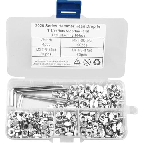 184PCS M3 M4 M5 T Nut Fasteners Drop In T-nut Set for 2020 Series Aluminum Profile