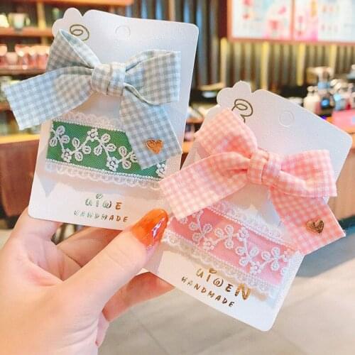 2pcs Plaids Hair Bows for Girls Embroidered Lace BB Clips Set Heart Decor Bowknot Hairpin Kids Grips Headwear Hair Accessories
