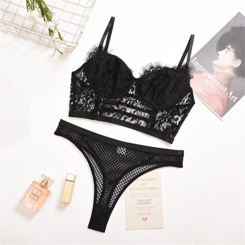 2020 New Women Bra Set Sexy Lace Mesh Eyelash Lace Underwire Push Up Lingerie Mujer Women Underwear Bra Set HB269