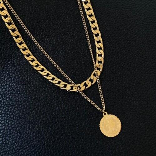 316L Stainless Steel 2 Layer Queen Coin Charms Thick Chain Choker Necklace For Women Fashion Fine Jewelry Party Gift SAN470