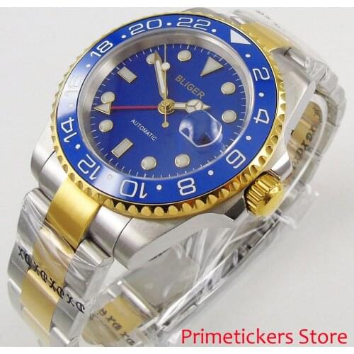40mm bliger blue dial sapphire glass ceramic bezel GMT date automatic men watch mental strap with gold plated