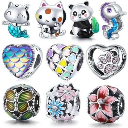 Bamoer 925 Sterling Silver Kitty Mermaid Charm Blue Enamel Bead Pendant for Original Bracelet Bangle DIY Making for Girl SCC1852