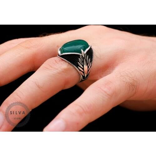 Silva 925 Sterling Silver Ring for Men Onyx Green Agate Stone S925 silver fashion Jewelry Gift Mens Rings All sizes
