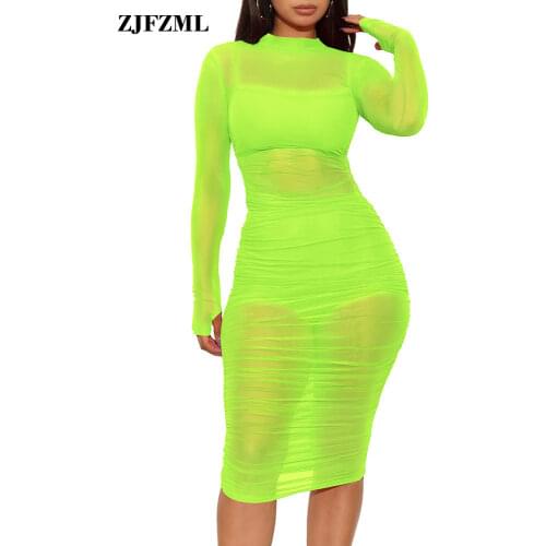Sexy Transparent 3 Piece Set Women Turtleneck Long Sleeve Ruched Mesh Dress + Straped Crop Top + Bodycon Shorts Club Outfits
