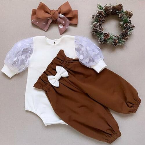 Newborn Baby Girl Two Pieces Set Infant Girl Clothes Long Mesh Puff Sleeve T shirt Pant Bow Headband Clothing Sets 0-24M