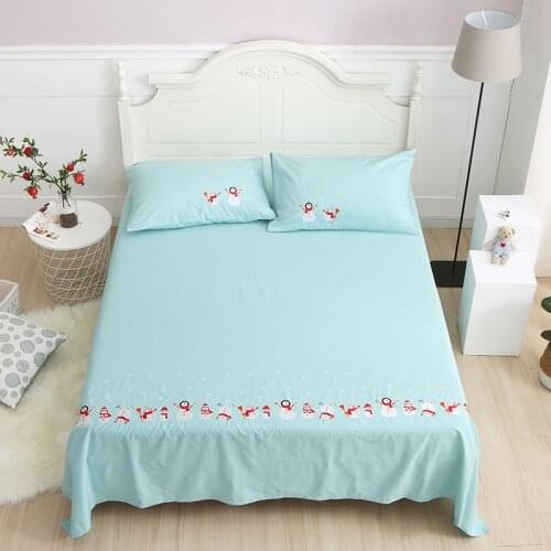 Embroidered twill Bed Sheet 100% Cotton Bedding Set Bed lines Includes 1 Flat Sheet 2 Pillowcases Queen Size Cartoon Snowman