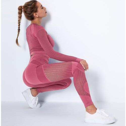 2PCS Yoga Sets Fitness Sports Set Workout Sportswear Gym Clothing Fitness Long Sleeve Crop Top High Waist Leggings Athletic Wear