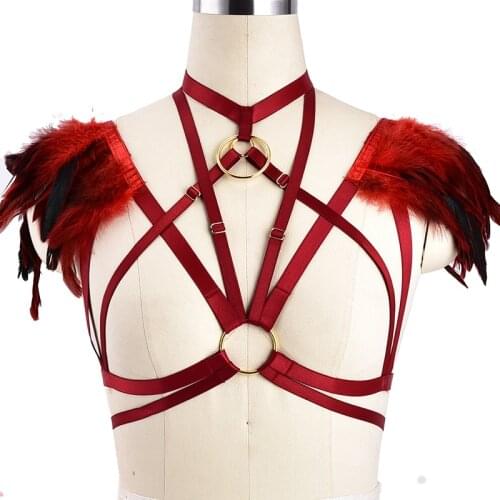 Red Angel Wing White Feather Harness Bralette Crop Tops Epaulettes Shoulder Steampunk Goth Fetish Exotic Festival Plus Size Cage
