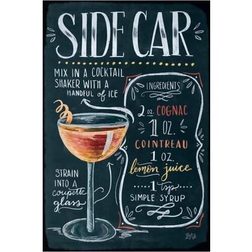 Metal Cocktail Tin Sign Side Car Cocktail Sign Wall Decor Pub Bar Chalkboard Drawing Iron Painting Decorations 12 x 16 Inch