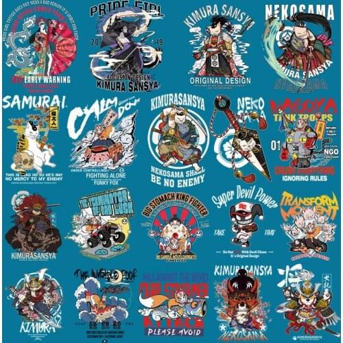 2021 New Japanese Anime Fashion Sticker Cartoon Animal Cool Animation Cat Katana Heat Transfer DIY Mens T-shirt