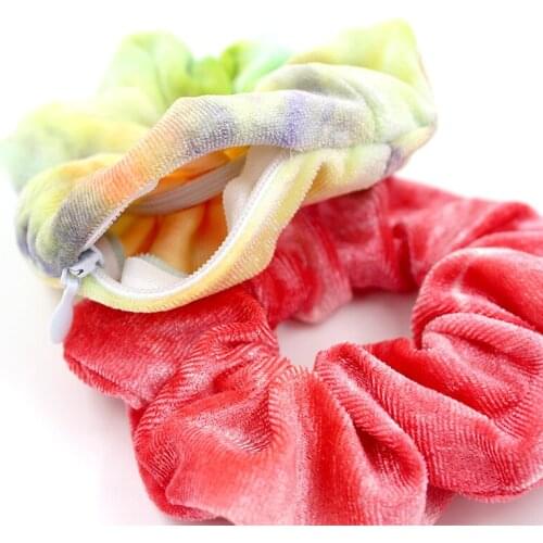 2021 New Design Tie-dye Novelty Zipper Scrunchies Women Creative Velvet Headbands High Quality Pocket Wallet Scrunche With Zip