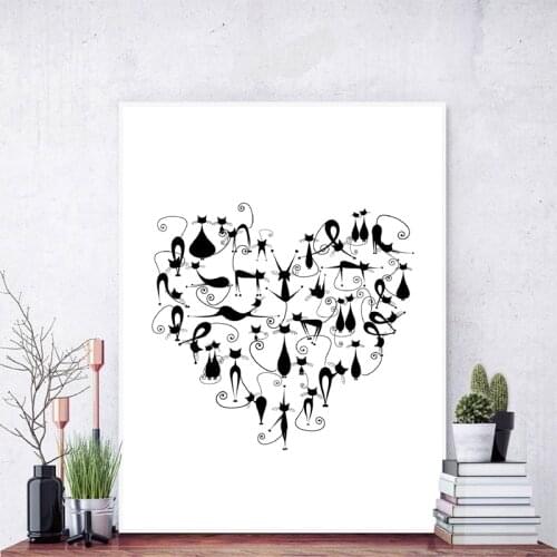 I Love Cat Print Black Cats Silhouette Heart Shape Poster Wall Art Canvas Painting Black and White Pet Animal Picture Home Decor