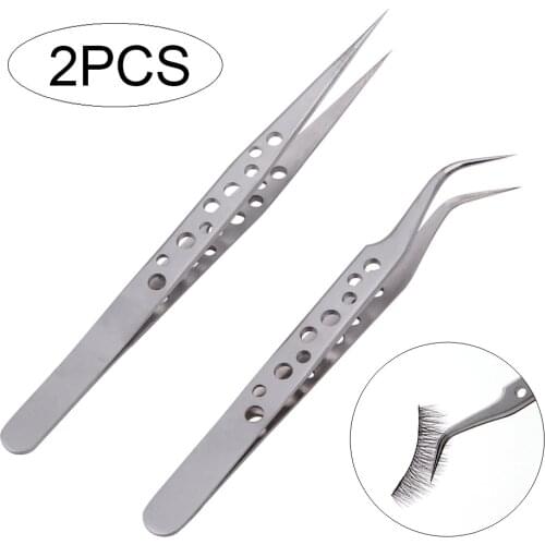 2 Pcs Professional Eyelash Tweezers Stainless Steel Lashes Extension Individual Lashes Anti-Static Eyelash Extension Tweezers