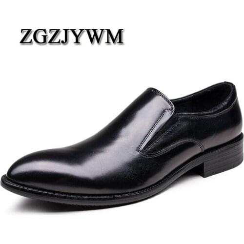 ZGZJYWM Fashion New Black/Brown Flats Formal Mens Dress Lace-Up Pointed Toe Genuine Leather Business Man Wedding Shoes
